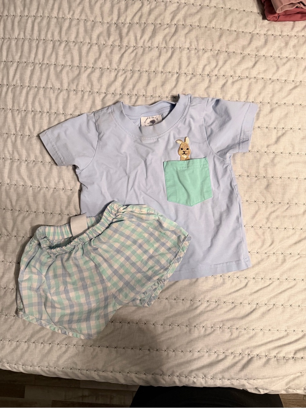 Kids Light Blue Tee with Mint Pocket & Bunny Patch